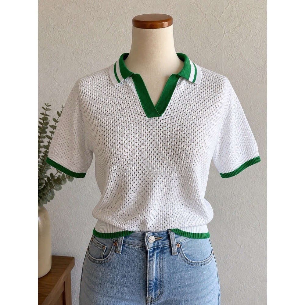 Beach Riot Knit Polo Top Women XS White Green Cotton Short Sleeve Preppy